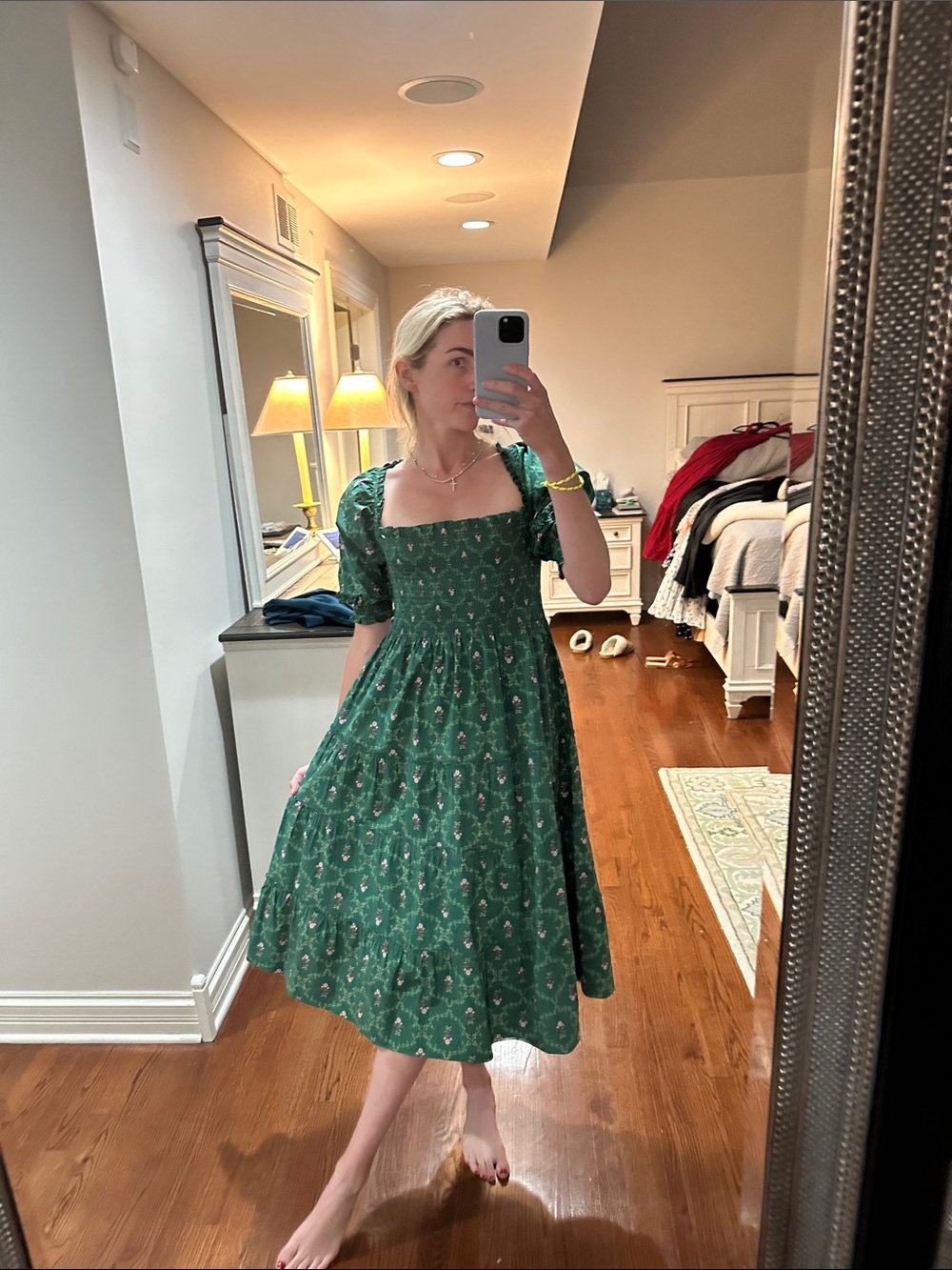 Hill house Green Floral Puff Sleeve Midi Dress - Picture 3 of 4